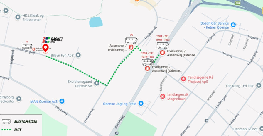 Kort over ruten til Racket House Odense med bus